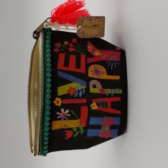 Natural Life Painted Canvas Coin Pouch LIVE HAPPY with tassel multicol… - Picture 3 of 6